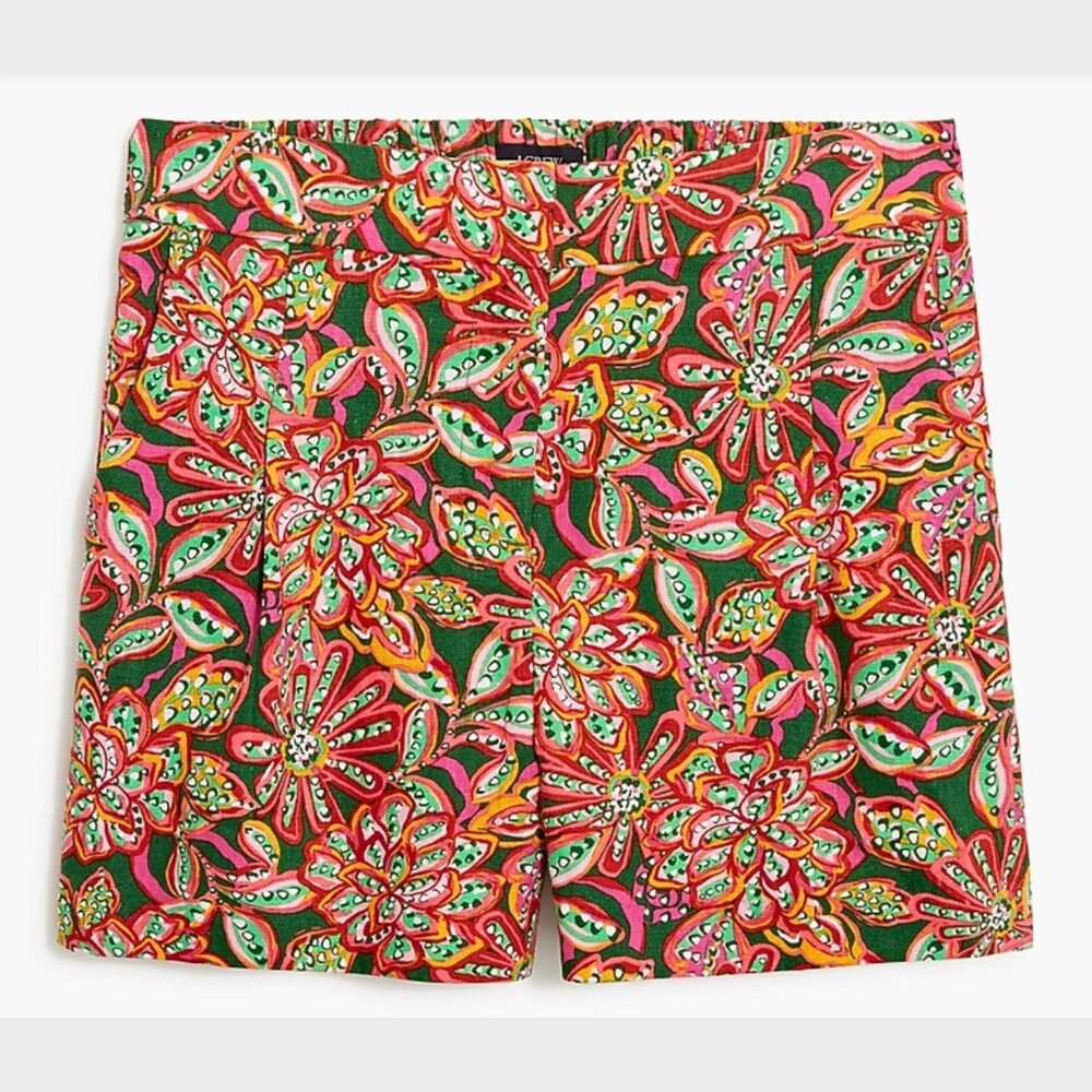 J. Crew Orange & Green Floral Pleated Linen Short with Elastic Waist